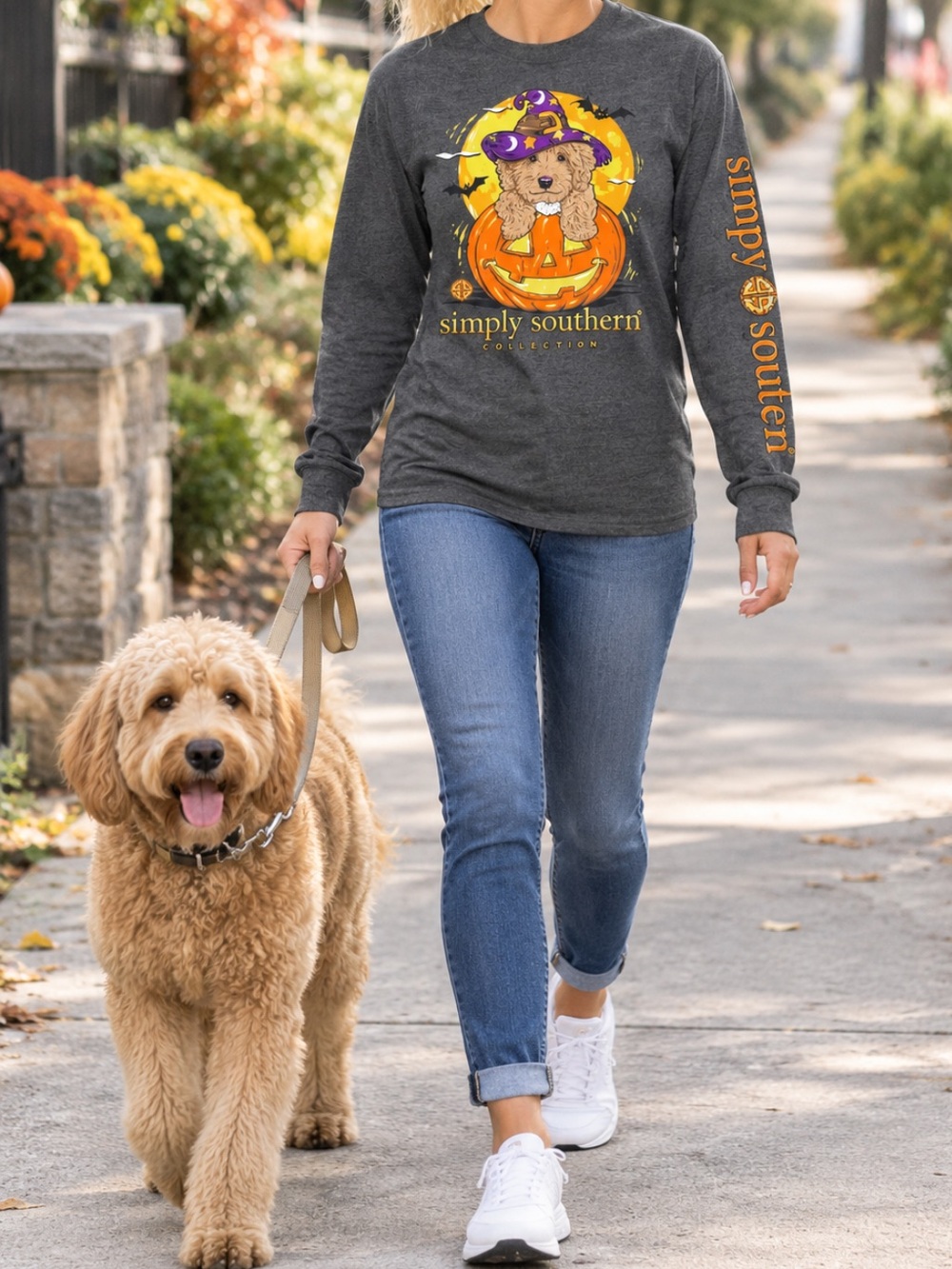 Simply Southern Charcoal Halloween Pup Graphic Long Sleeve Tee Shirt. Size XL.